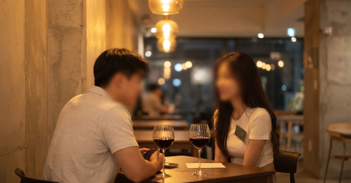 조용한 공간에서 마주 앉아 대화하는 두 사람